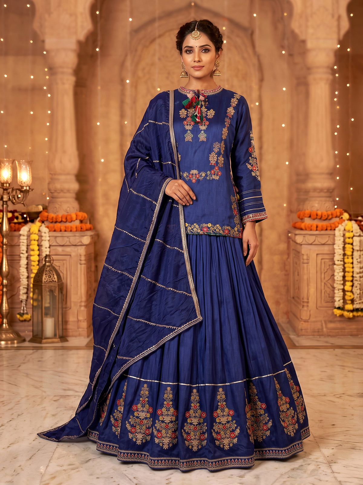 Royal blue raw silk lehenga choli with embroidered dupatta set