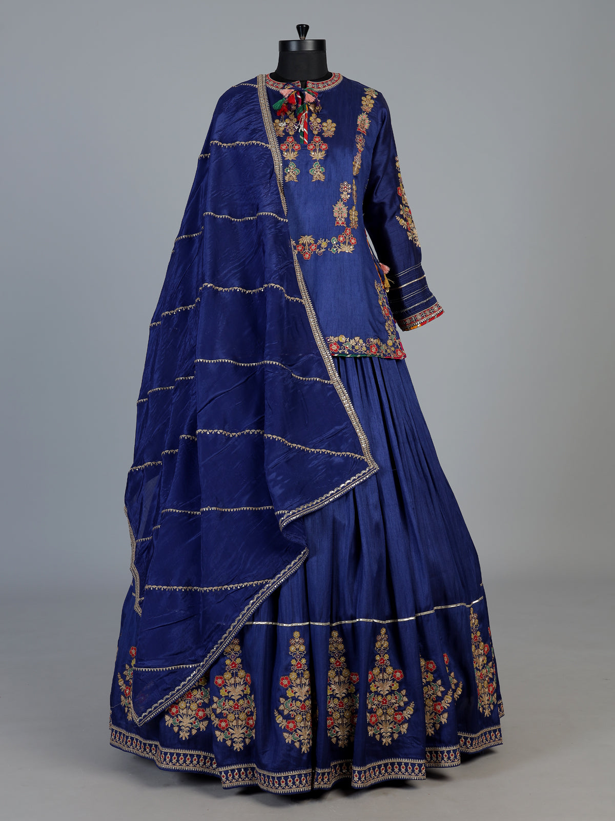 Royal blue raw silk lehenga choli with embroidered dupatta set