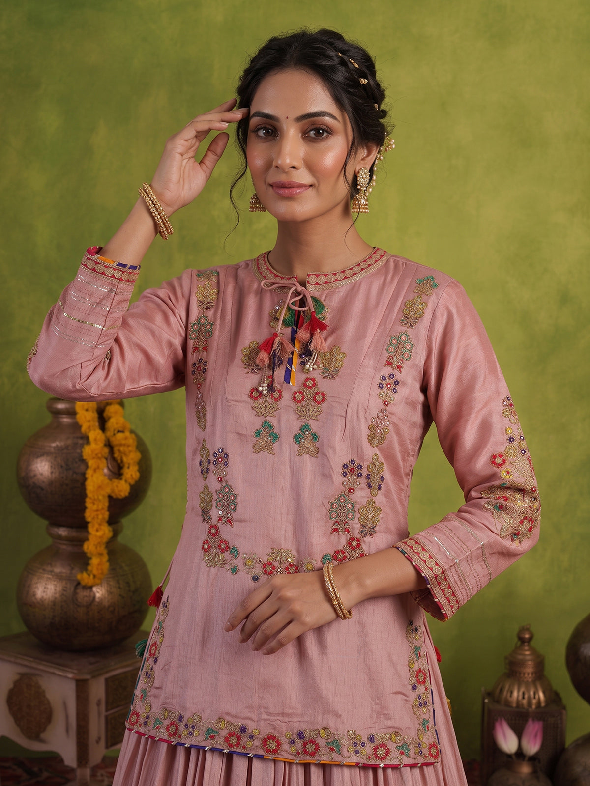 Onion pink raw silk lehenga choli with rajsthani style dupatta