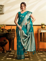 Rama green soft silk saree with zari embellished pallu tassels