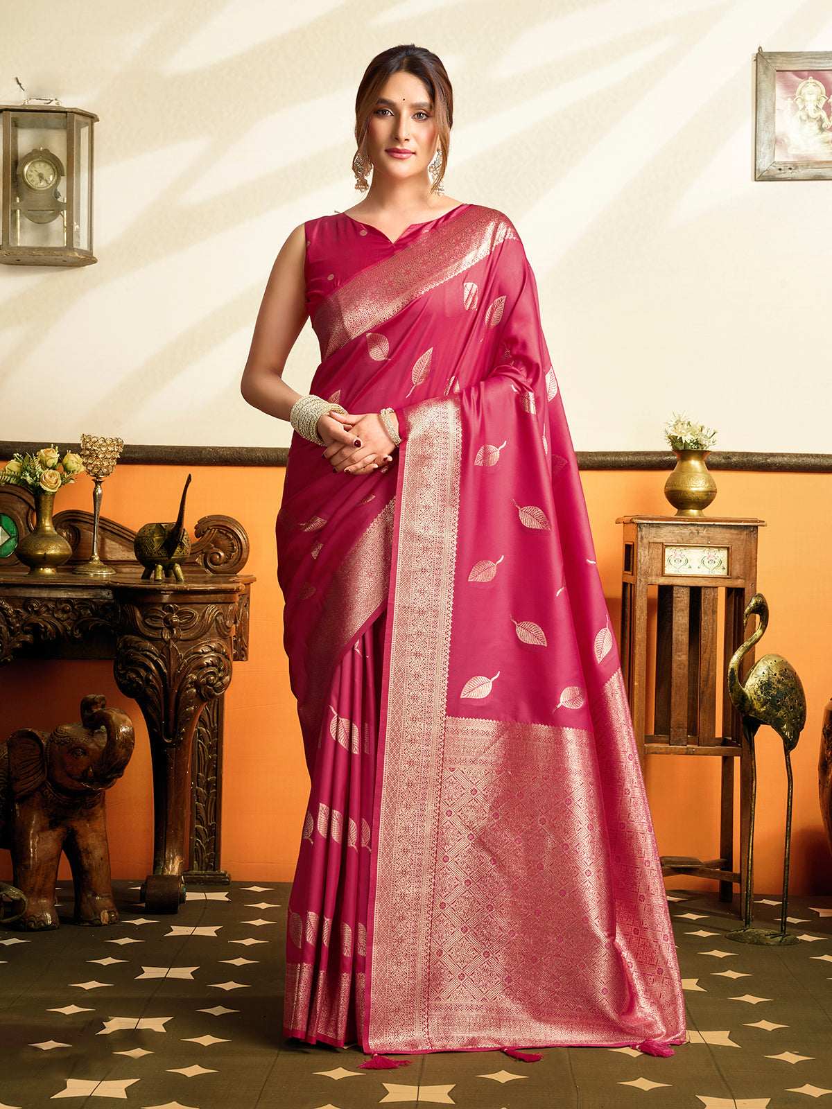 Wine soft silk saree with zari work and tassel pallu