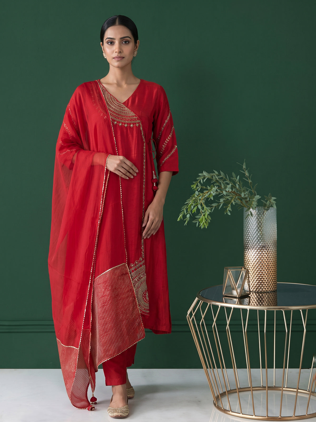 Red silk anarkali salwar suit with dupatta and elegant pant style