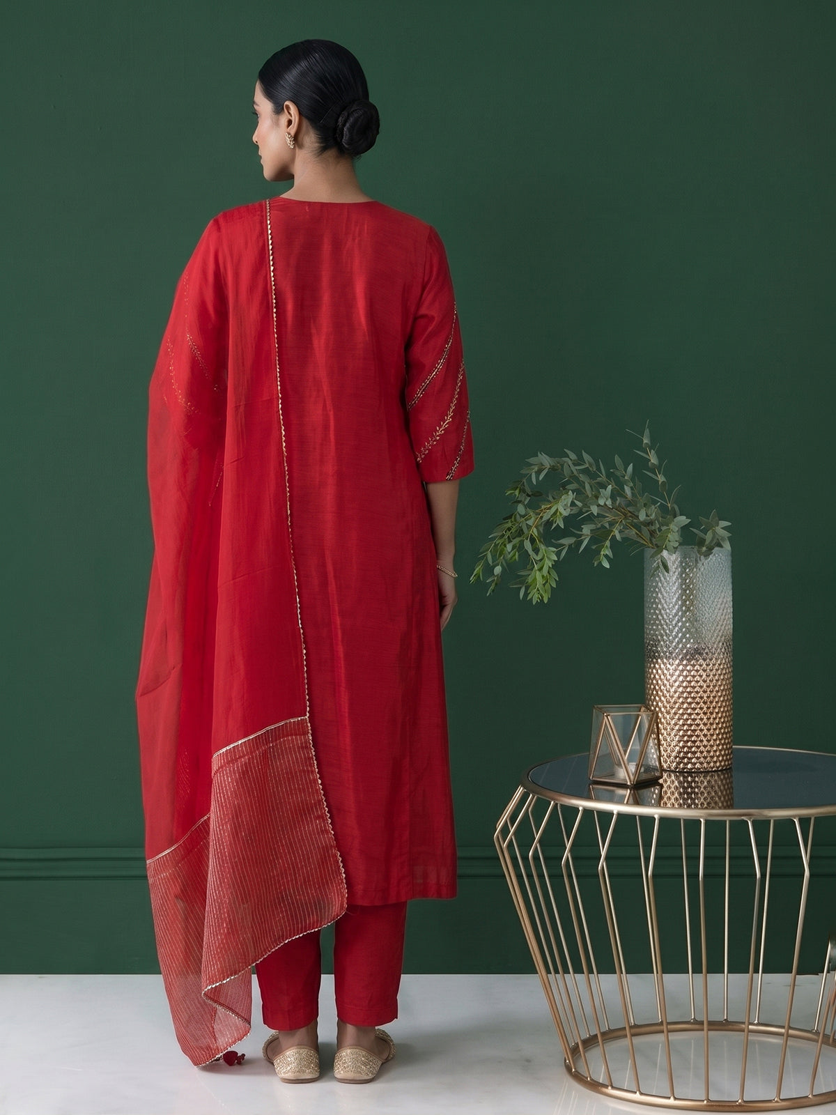 Red silk anarkali salwar suit with dupatta and elegant pant style