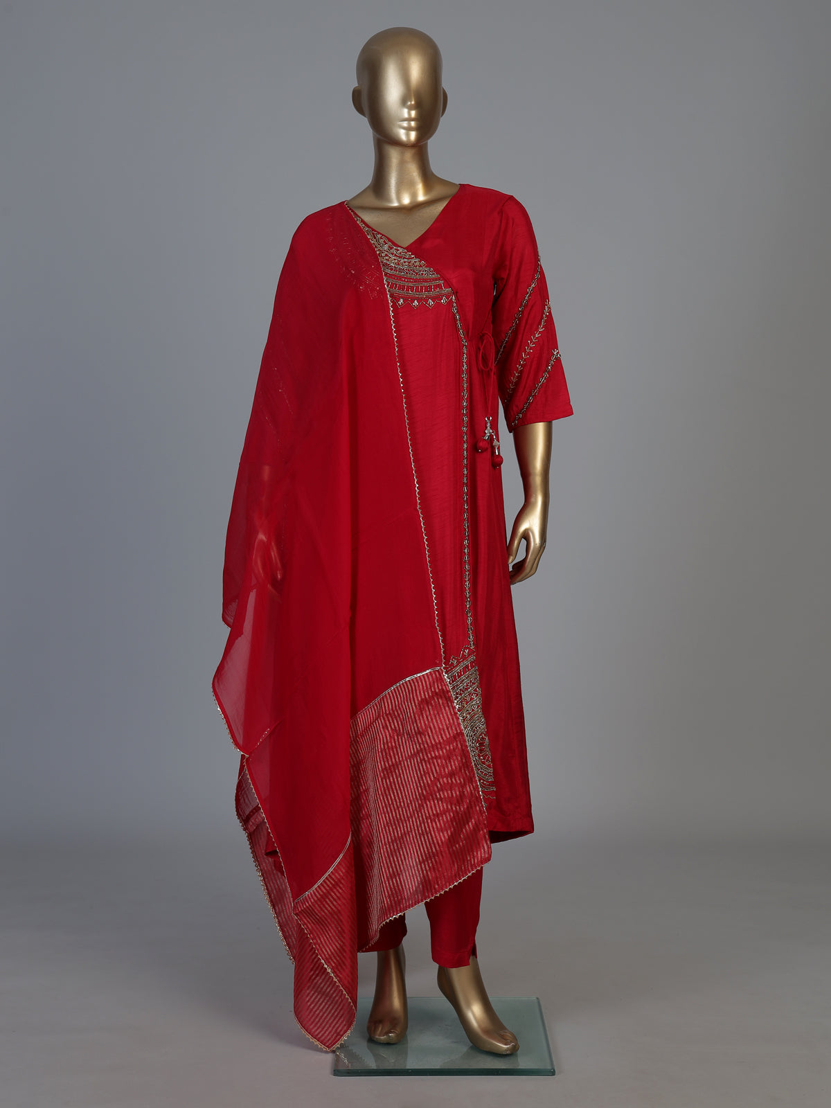 Red silk anarkali salwar suit with dupatta and elegant pant style