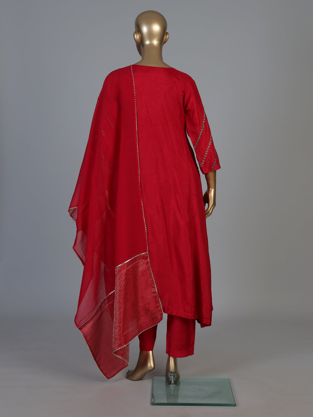Red silk anarkali salwar suit with dupatta and elegant pant style
