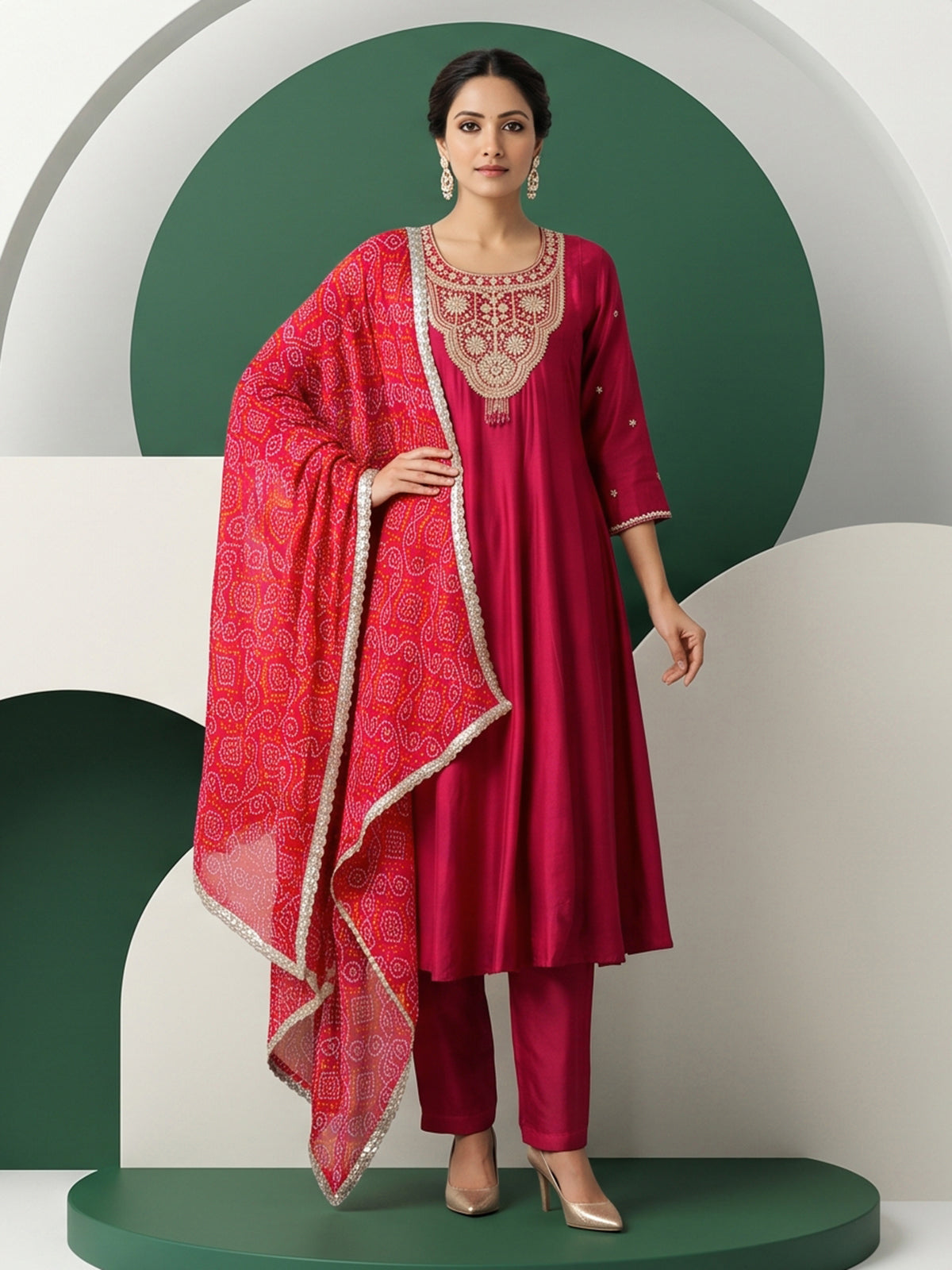 Deep rani pink silk yoke style salwar suit with printed dupatta