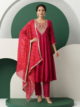 Deep rani pink silk yoke style salwar suit with printed dupatta