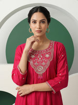 Deep rani pink silk yoke style salwar suit with printed dupatta