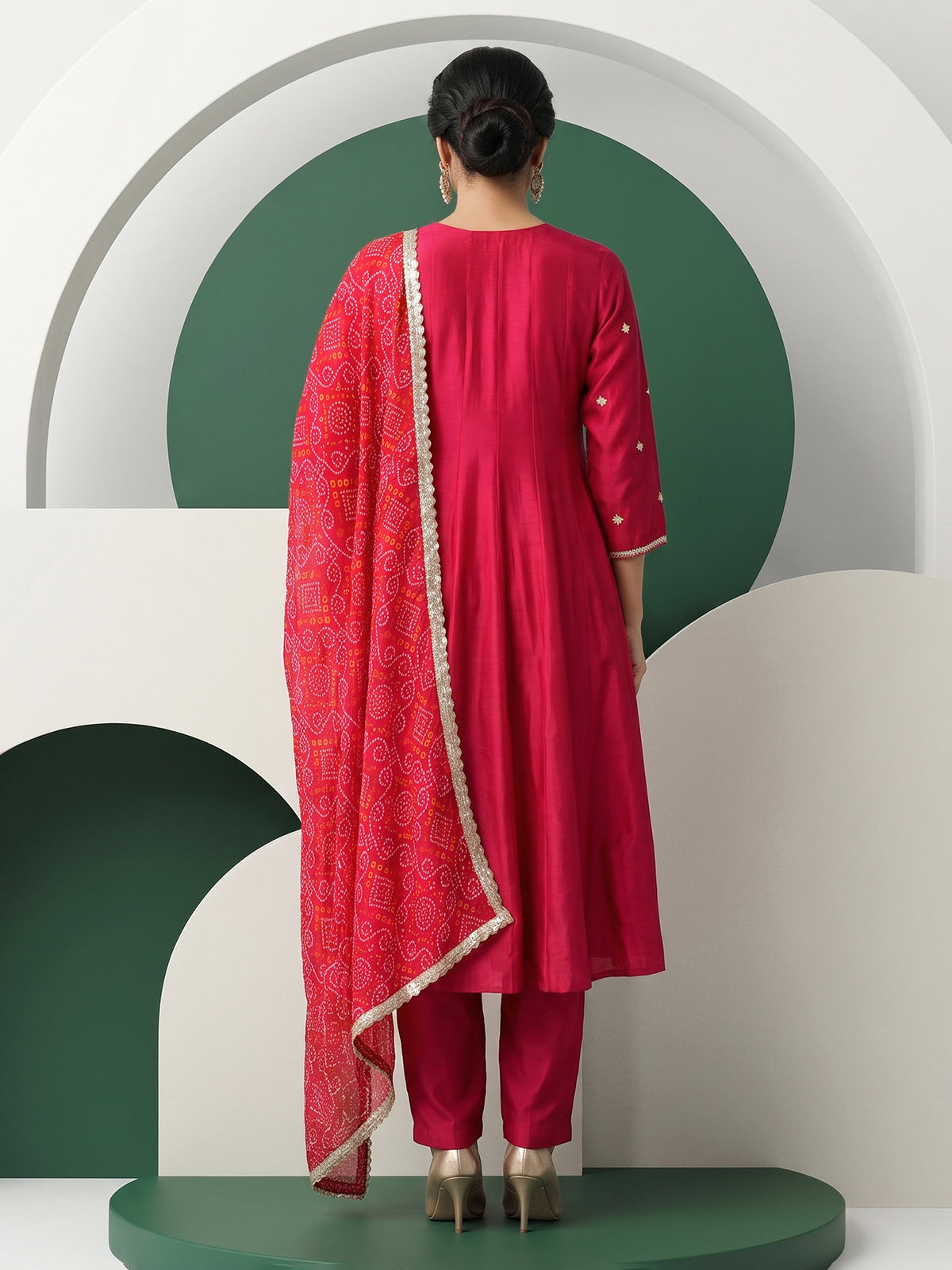 Deep rani pink silk yoke style salwar suit with printed dupatta
