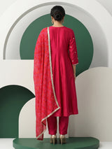 Deep rani pink silk yoke style salwar suit with printed dupatta