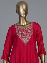 Deep rani pink silk yoke style salwar suit with printed dupatta