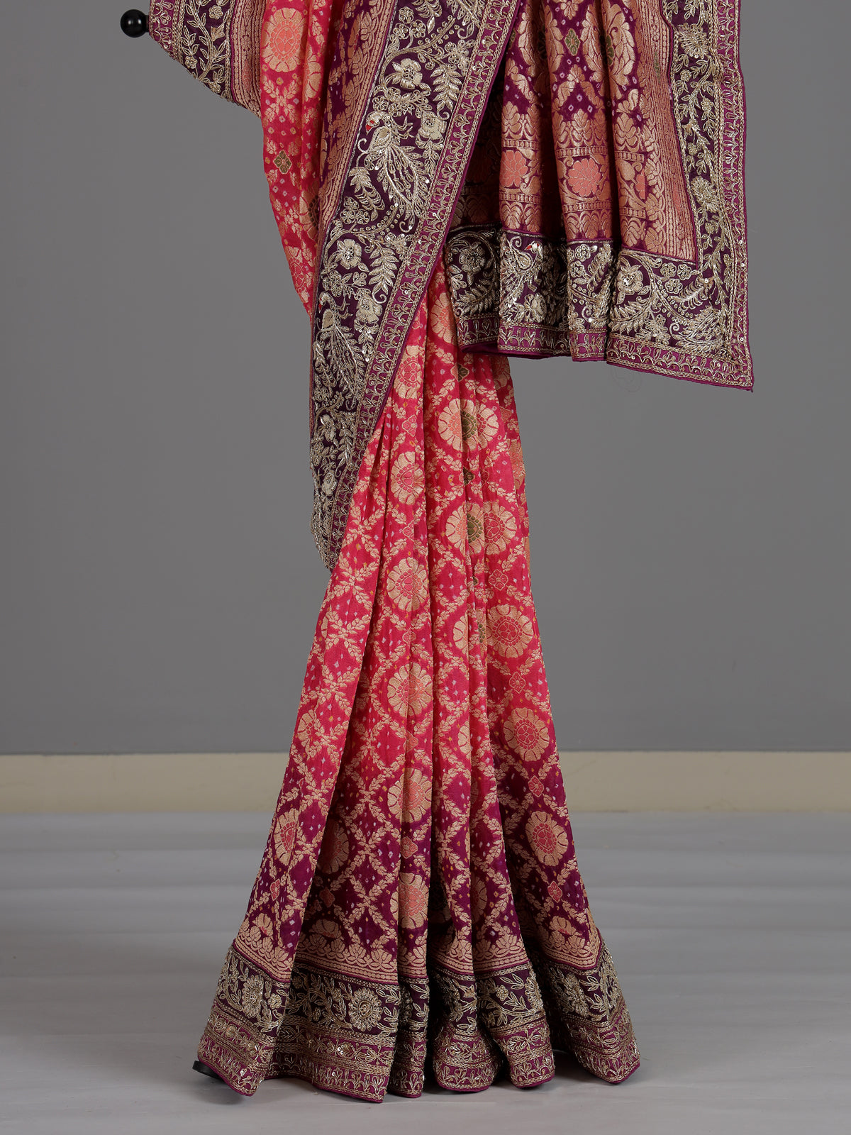 Red printed shaded dola silk saree for grand festive occasions