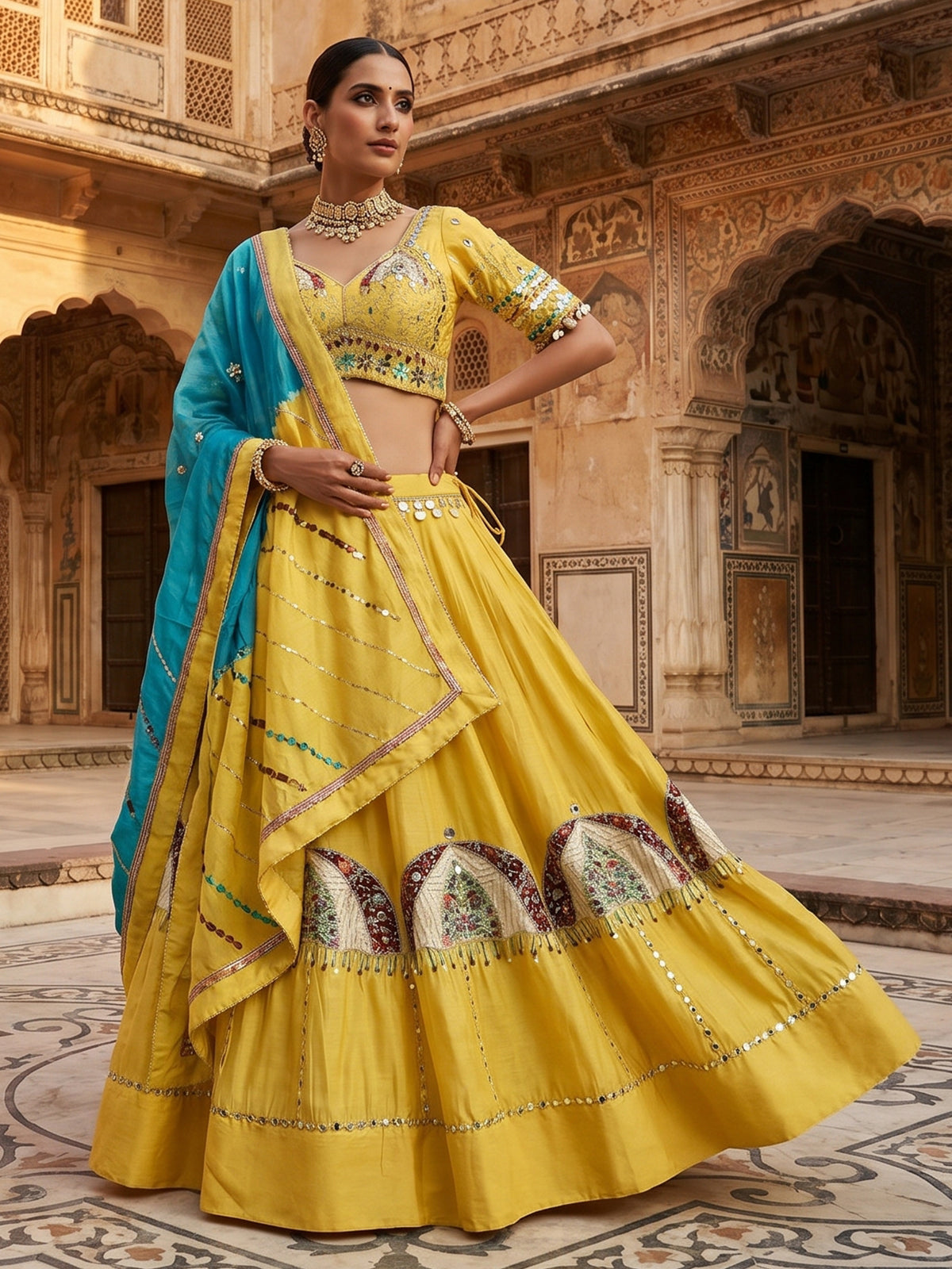 Yellow embroidered navratri wear lehenga choli