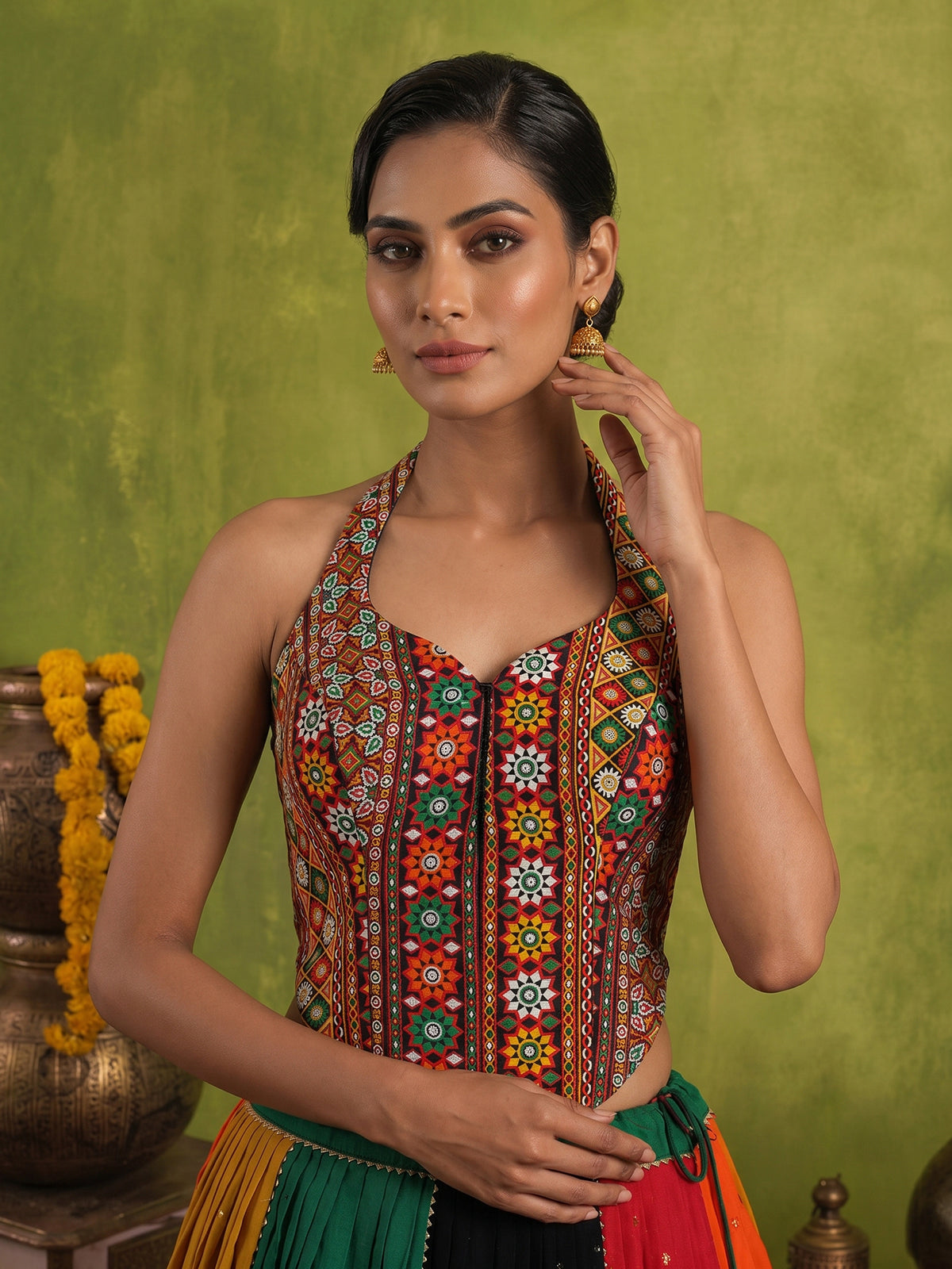Multicolor halter neck navratri wear lehenga choli
