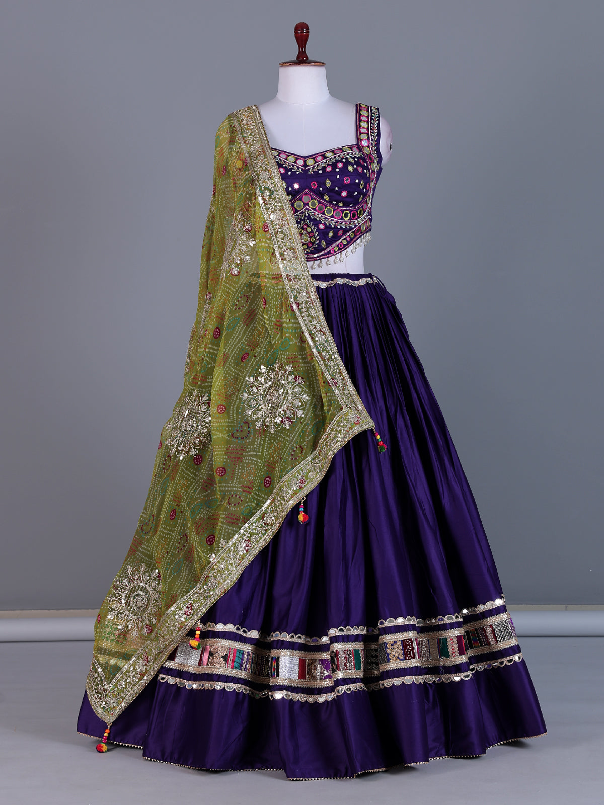 Deep purple cotton silk lehenga choli with bandhani dupatta for women