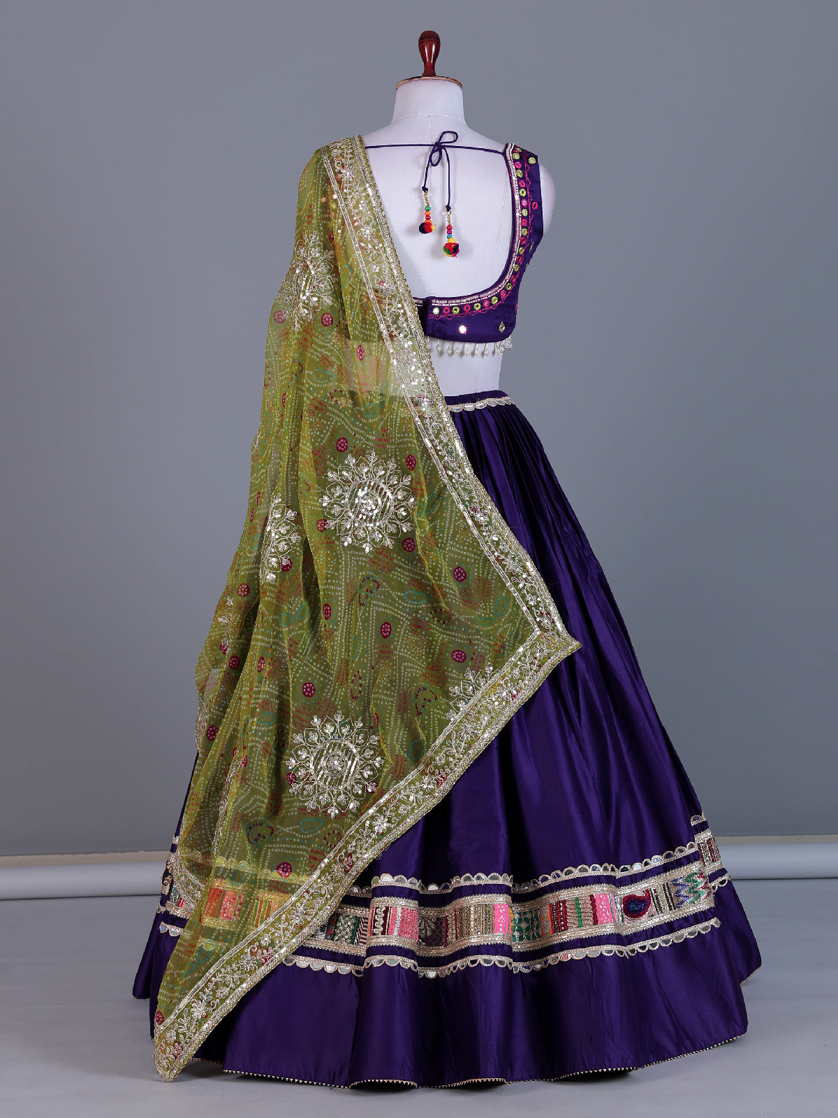 Deep purple cotton silk lehenga choli with bandhani dupatta for women