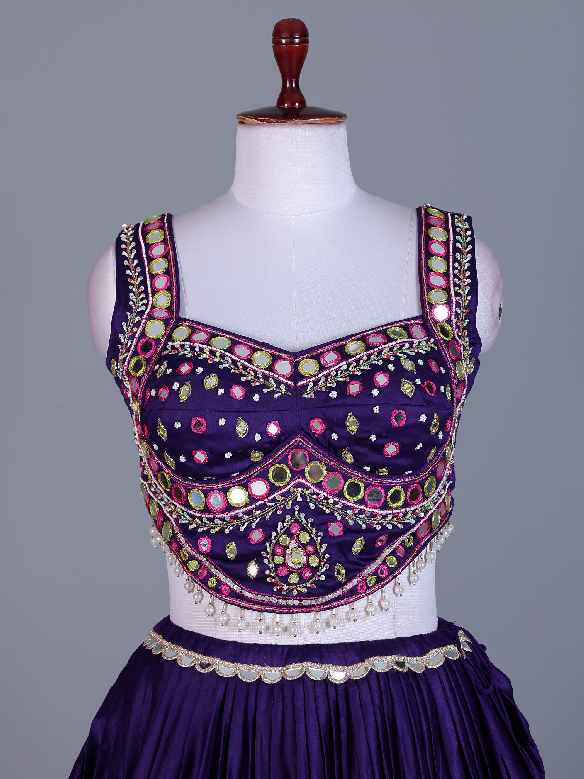 Deep purple cotton silk lehenga choli with bandhani dupatta for women
