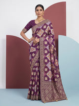 Purple bandhej printed dola silk saree with royal festive charm