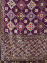 Purple bandhej printed dola silk saree with royal festive charm
