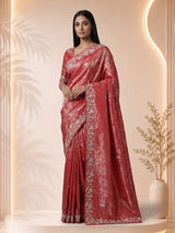 Red tissue silk designer saree with luxurious festive