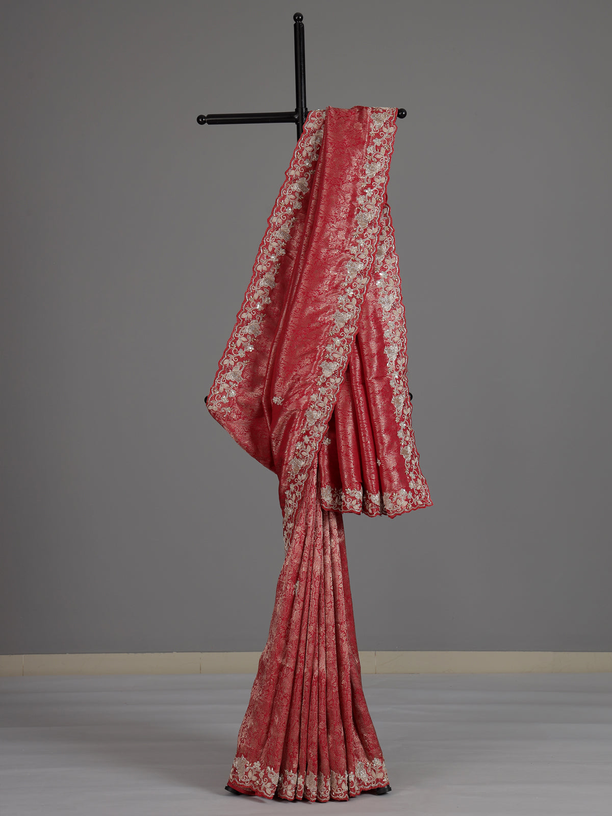 Red tissue silk designer saree with luxurious festive