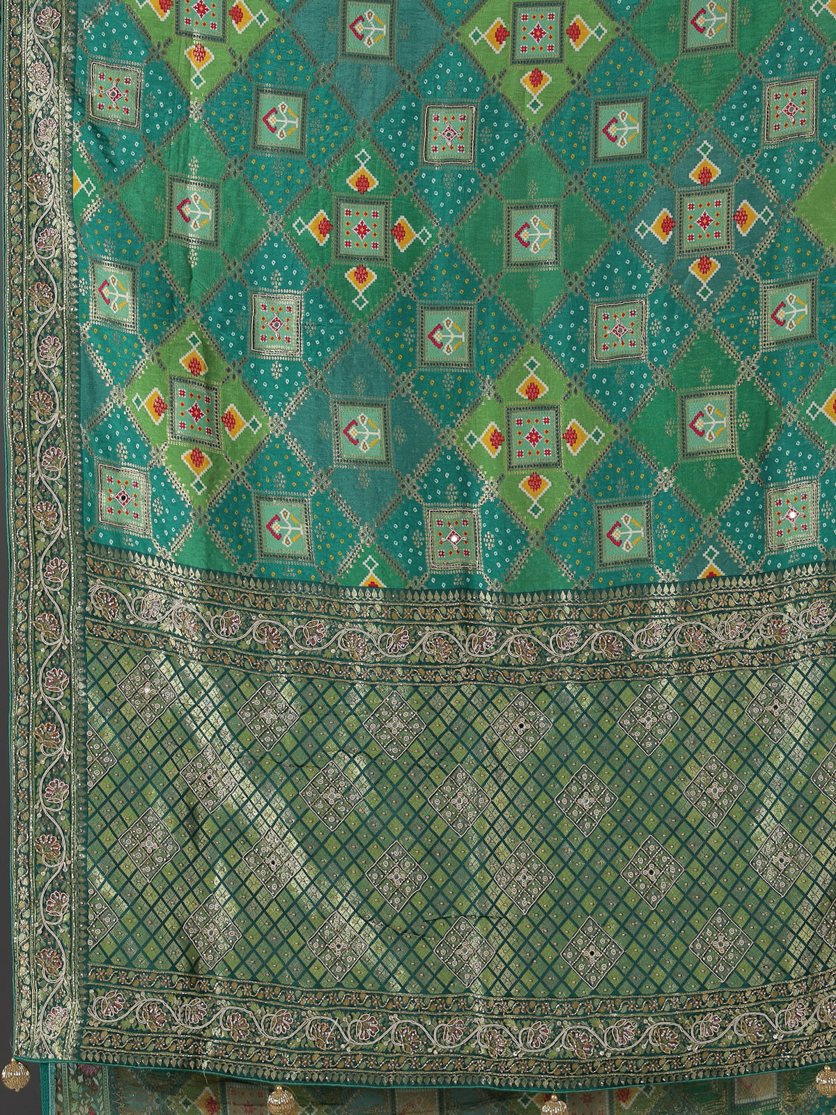Green bandhej dola silk saree with traditional festive elegance