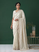 Off white ziraf silk festive saree with premium handcrafted details