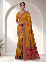 Mustard yellow printed dola silk saree for haldi celebrations