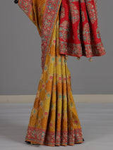 Mustard yellow printed dola silk saree for haldi celebrations