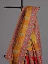 Mustard yellow printed dola silk saree for haldi celebrations
