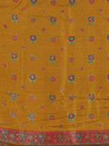 Mustard yellow printed dola silk saree for haldi celebrations