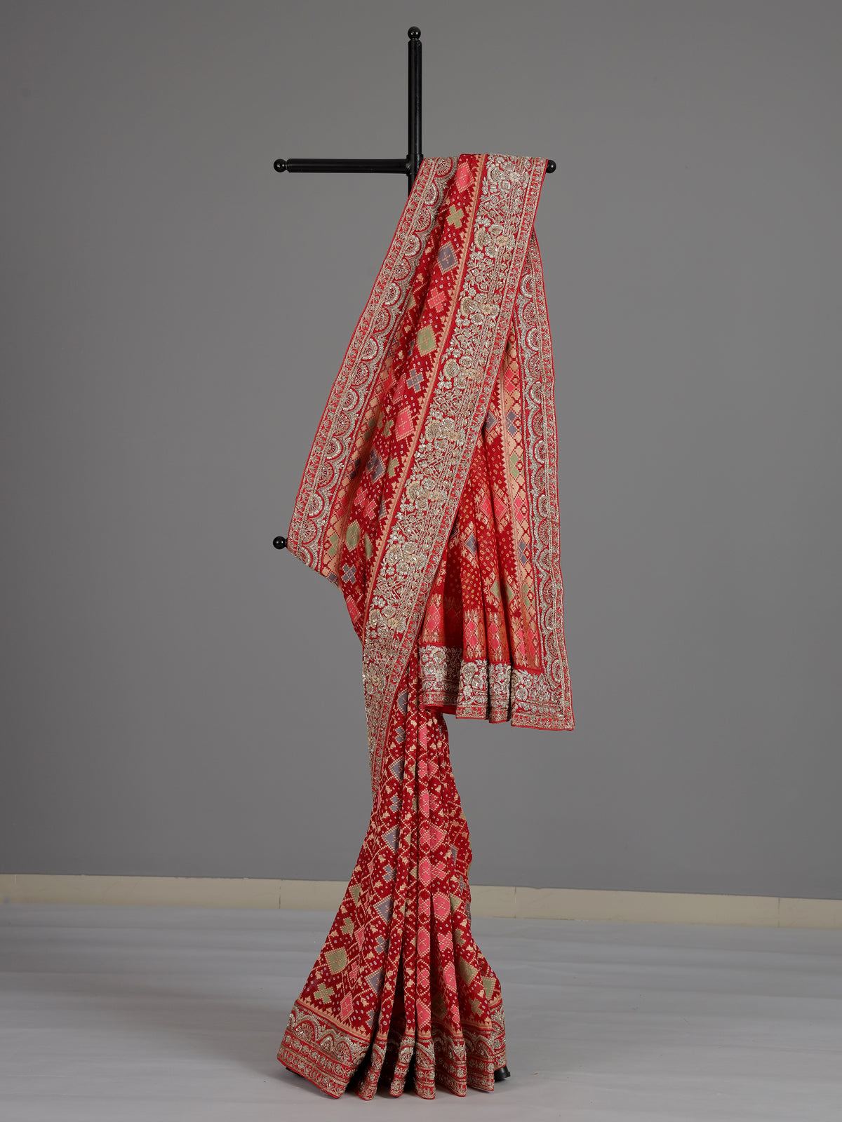 Red bandhani georgette designer saree with festive wear