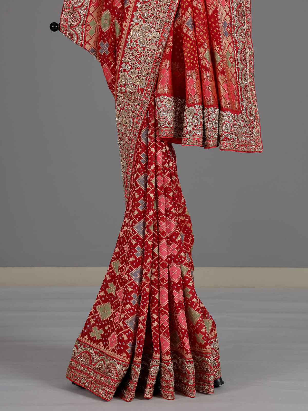 Red bandhani georgette designer saree with festive wear