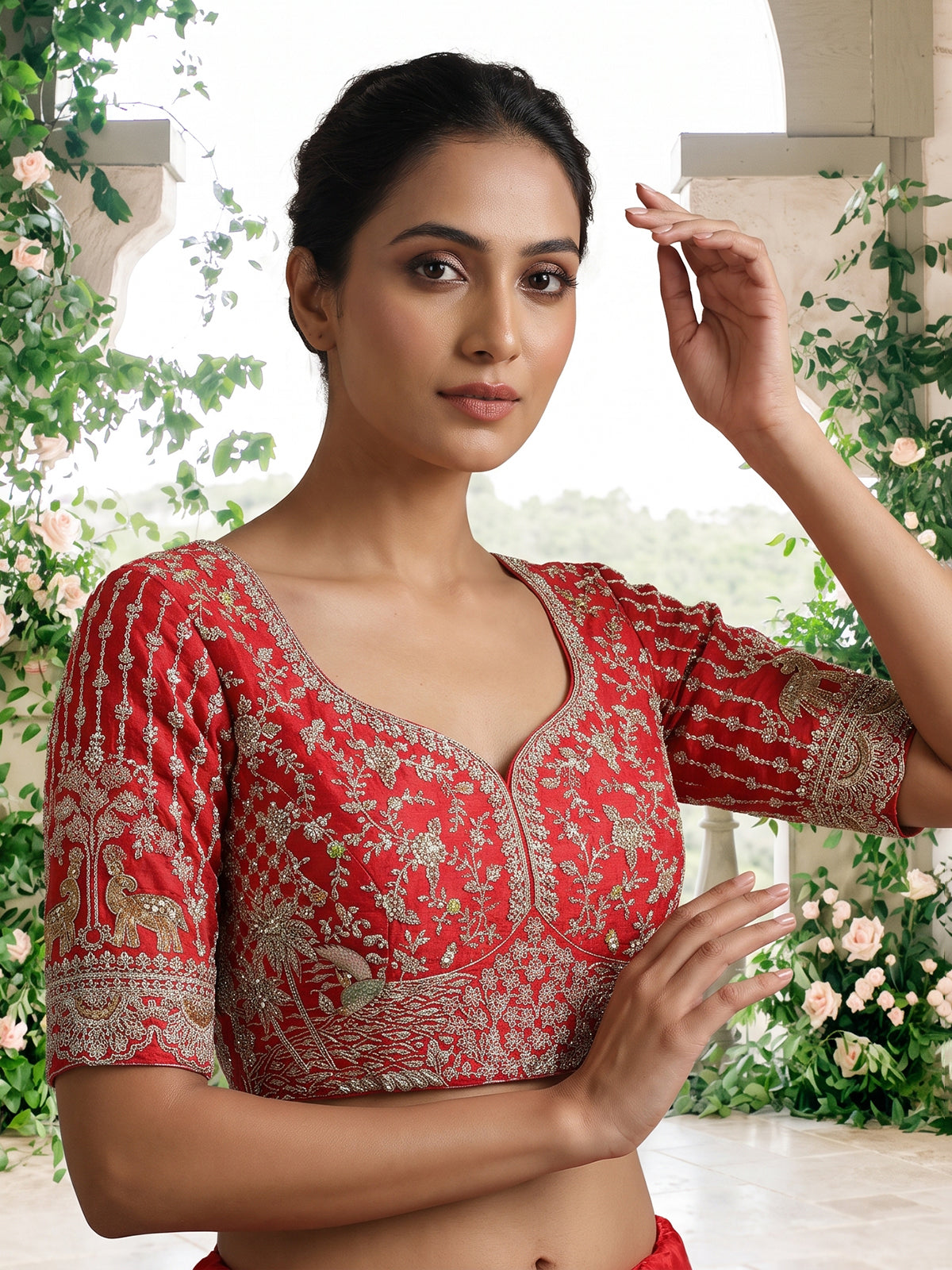 Red raw silk unstitched bridal lehenga choli with peacock motif
