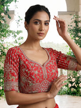 Red raw silk unstitched bridal lehenga choli with peacock motif