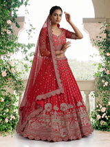 Red raw silk unstitched bridal lehenga choli with peacock motif