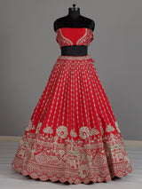 Red raw silk unstitched bridal lehenga choli with peacock motif