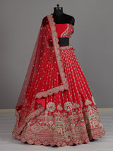 Red raw silk unstitched bridal lehenga choli with peacock motif