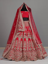 Red raw silk unstitched bridal lehenga choli with double dupatta