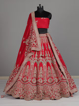Red raw silk unstitched bridal lehenga choli with double dupatta