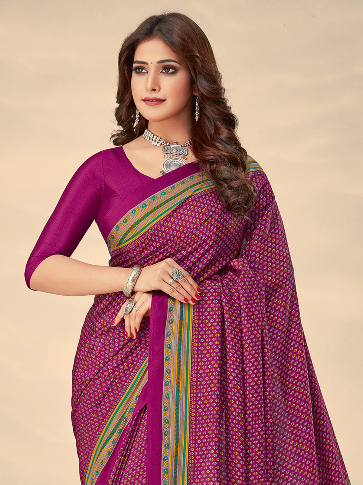 Rani pink crepe silk charming printed saree for casual elegance