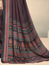 Charcoal black crepe silk modern printed saree for everyday style