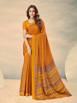 Mustard yellow crepe silk artistic printed saree for casual wear