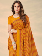 Mustard yellow crepe silk artistic printed saree for casual wear