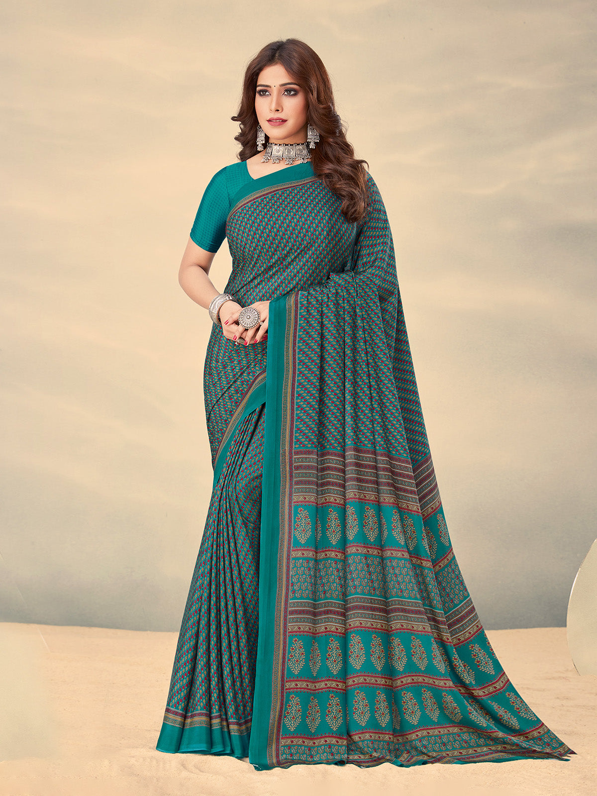 Rama green crepe silk trendy printed saree for daily ethnic look