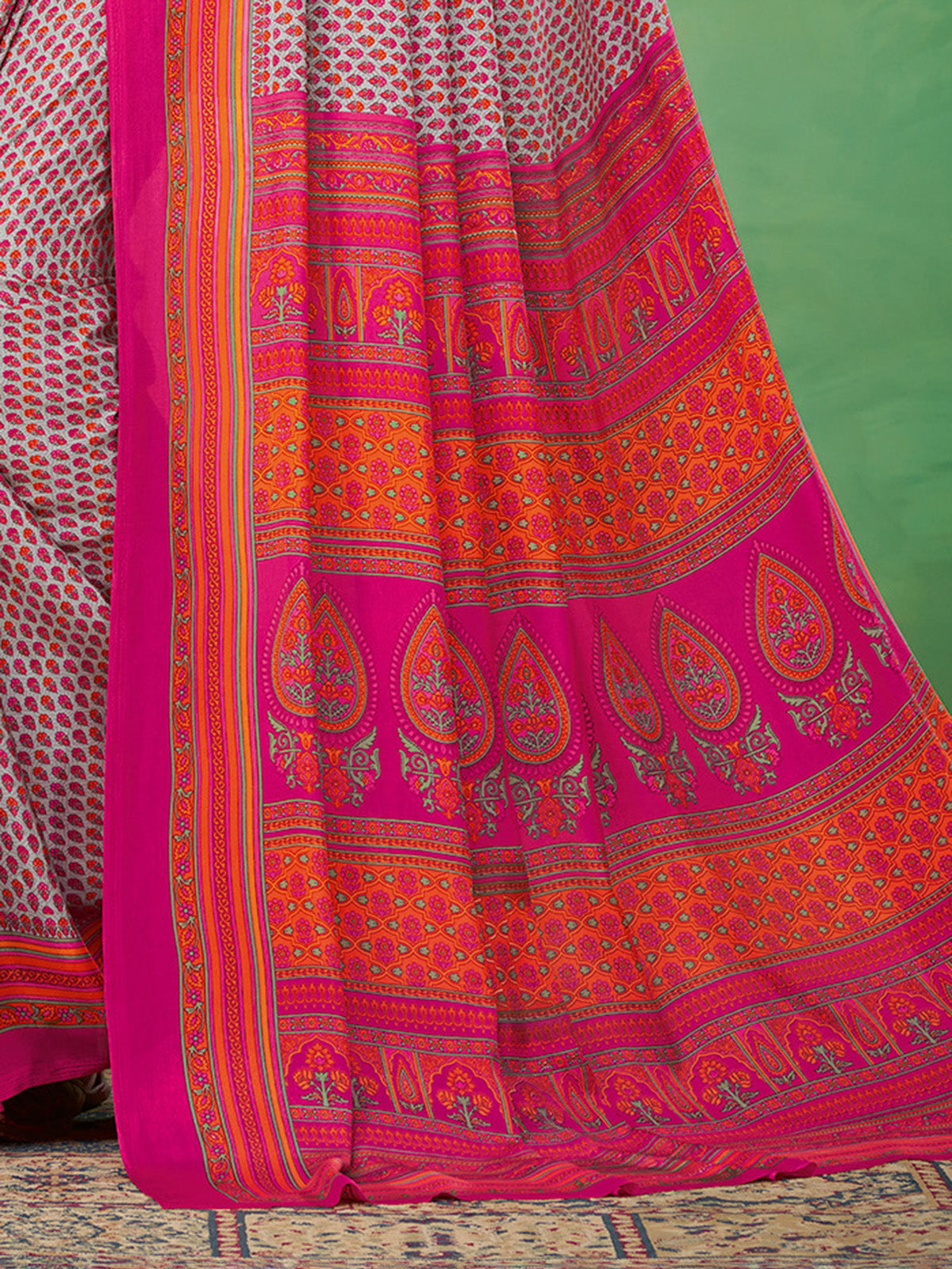 Off white and magenta crepe silk designer printed casual saree