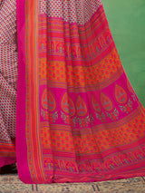 Off white and magenta crepe silk designer printed casual saree