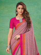 Off white and magenta crepe silk designer printed casual saree