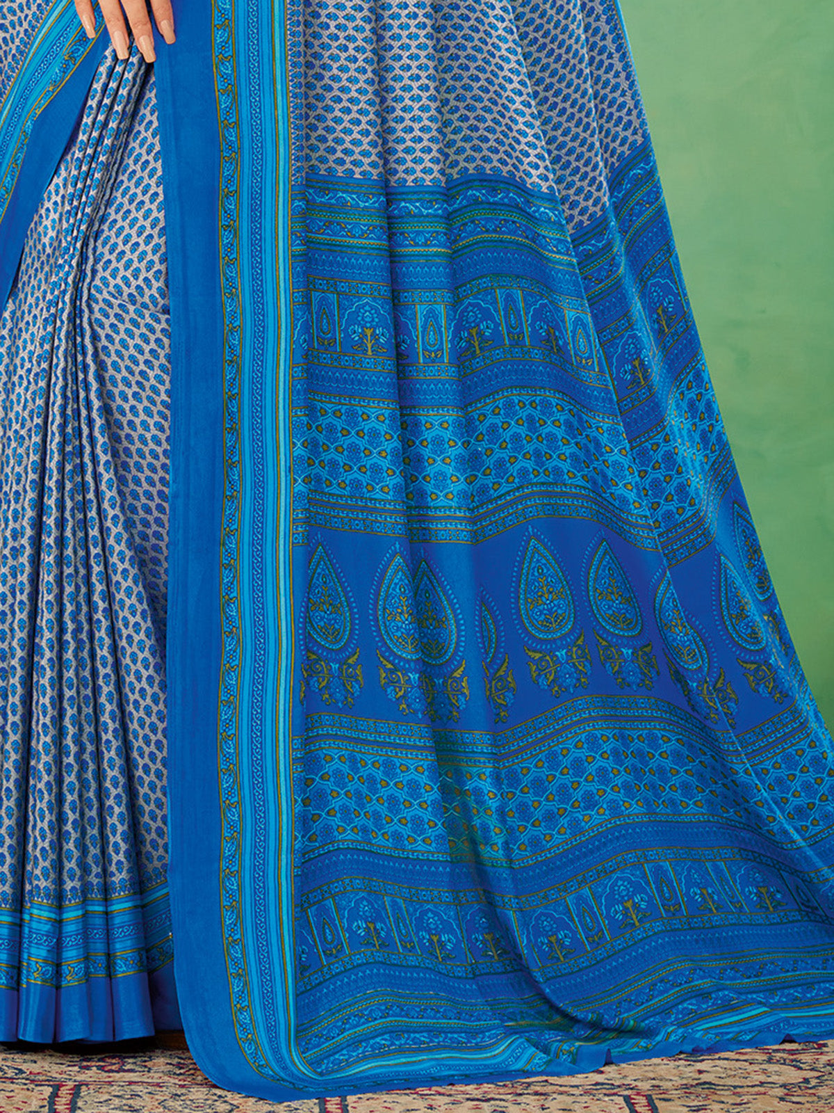 Bright blue crepe silk sophisticated printed saree for everyday fashion