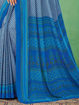Bright blue crepe silk sophisticated printed saree for everyday fashion